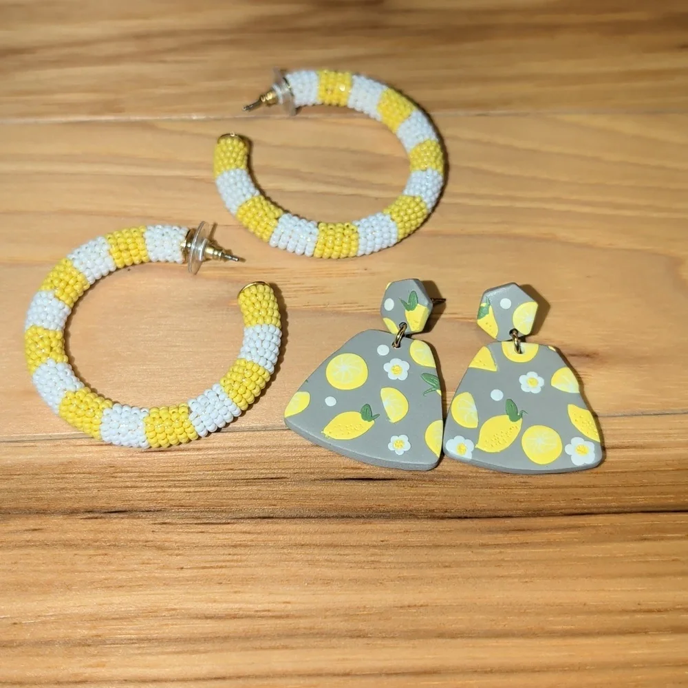 J Crew Yellow and White Beaded Hoop Earrings And Handmade Lemon Earrings